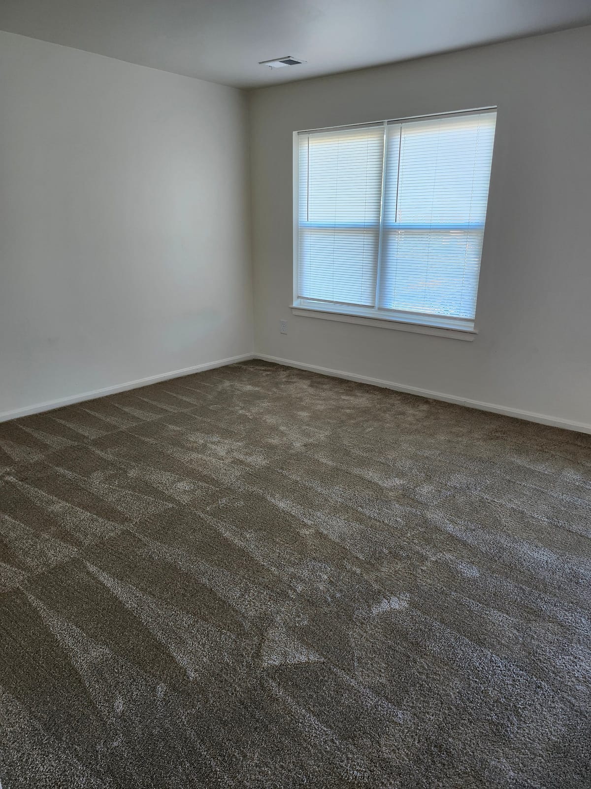 A carpeted bedroom at Calvertowne with a wide double window and white blinds
