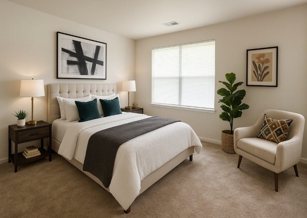 A carpeted bedroom in a Calvertowne townhouse with a queen bed, two nightstands, an armchair, and a large window