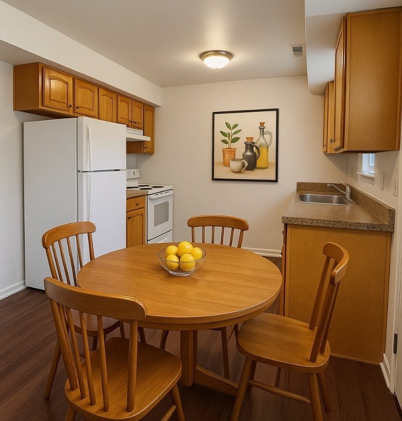 A galley kitchen in a Calvertowne townhouse with oak cabinets, a white refrigerator and electric range, a laminate counter, and a round dining table with four chairs