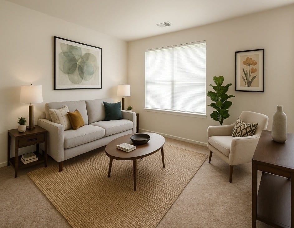A carpeted living room in a Calvertowne townhouse with a sofa, an armchair, a coffee table, and a large window